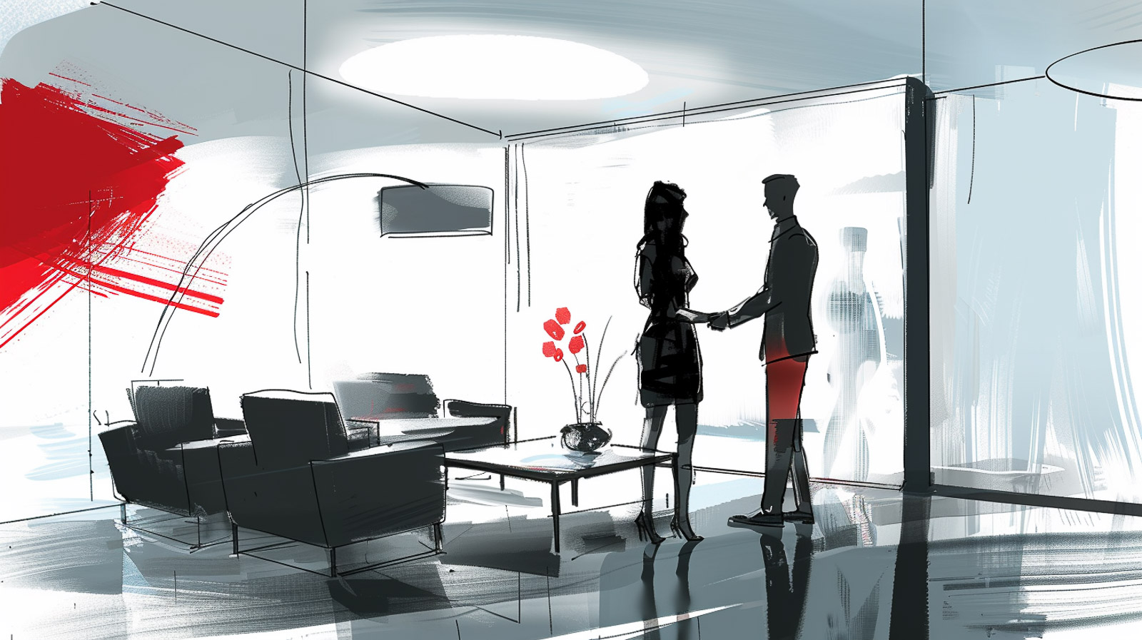 Two figures seated across a desk one sliding a folder toward the other