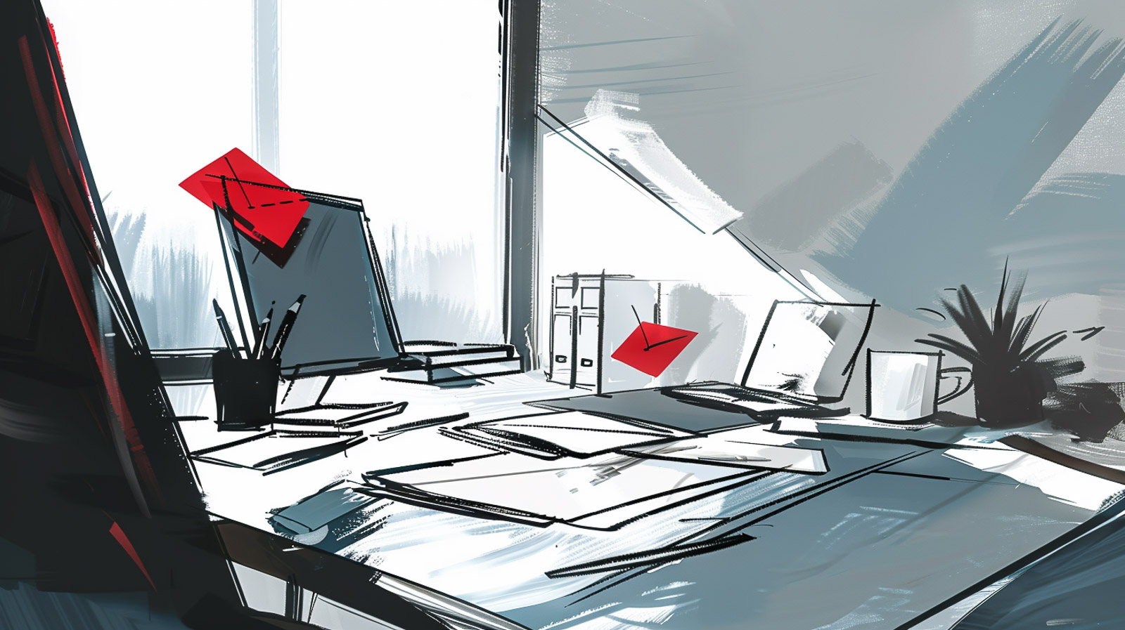 A figure at a desk holding a single envelope surrounded by a stack of others