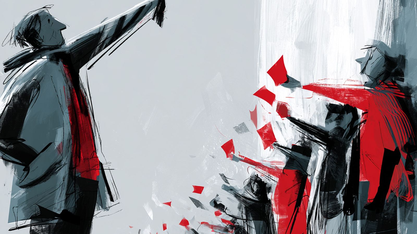 An illustrated figure raises a fist toward a group standing across a divide, rendered in red, black, and gray.