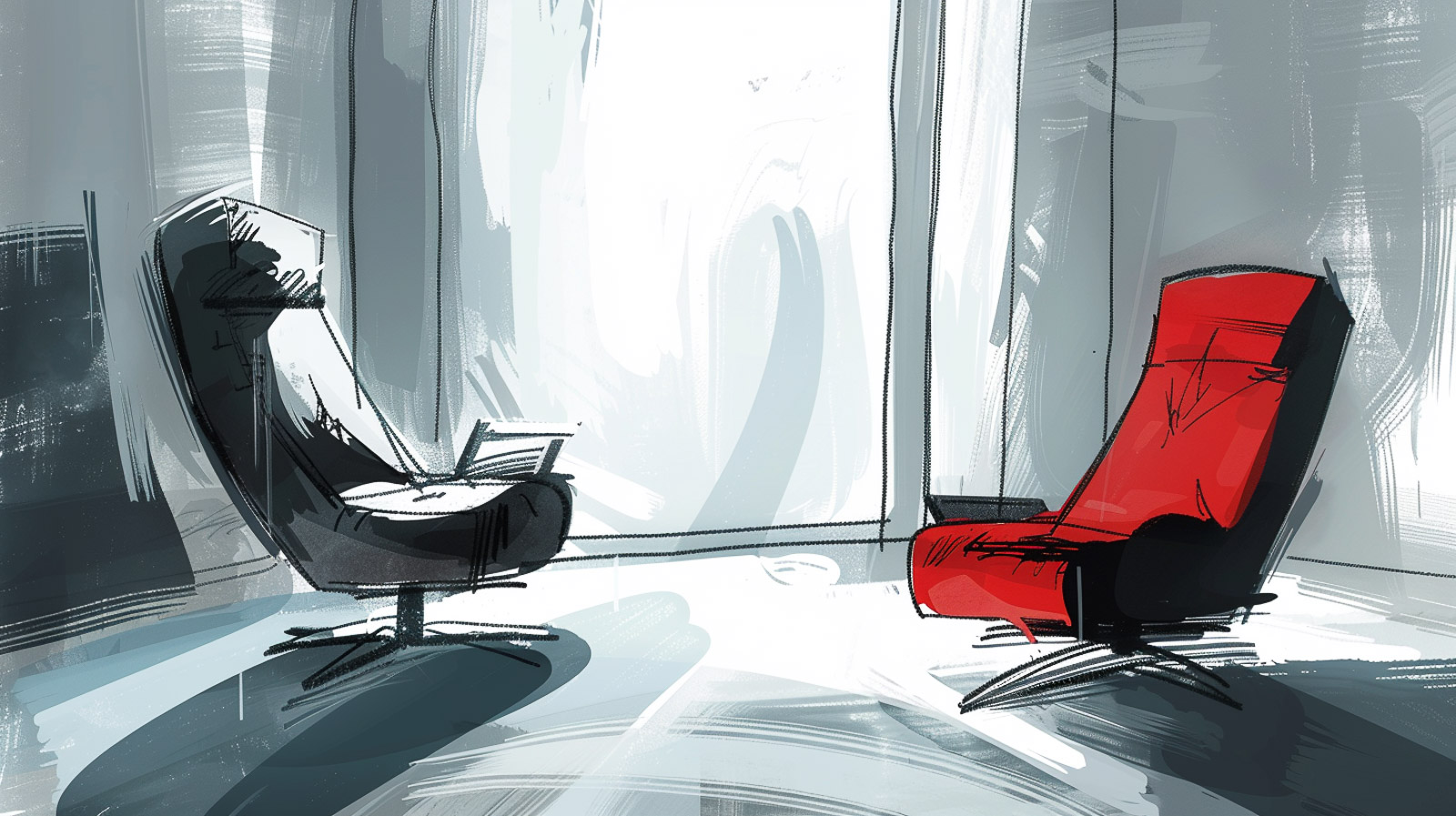 Two figures seated in chairs angled toward each other leaning slightly forward