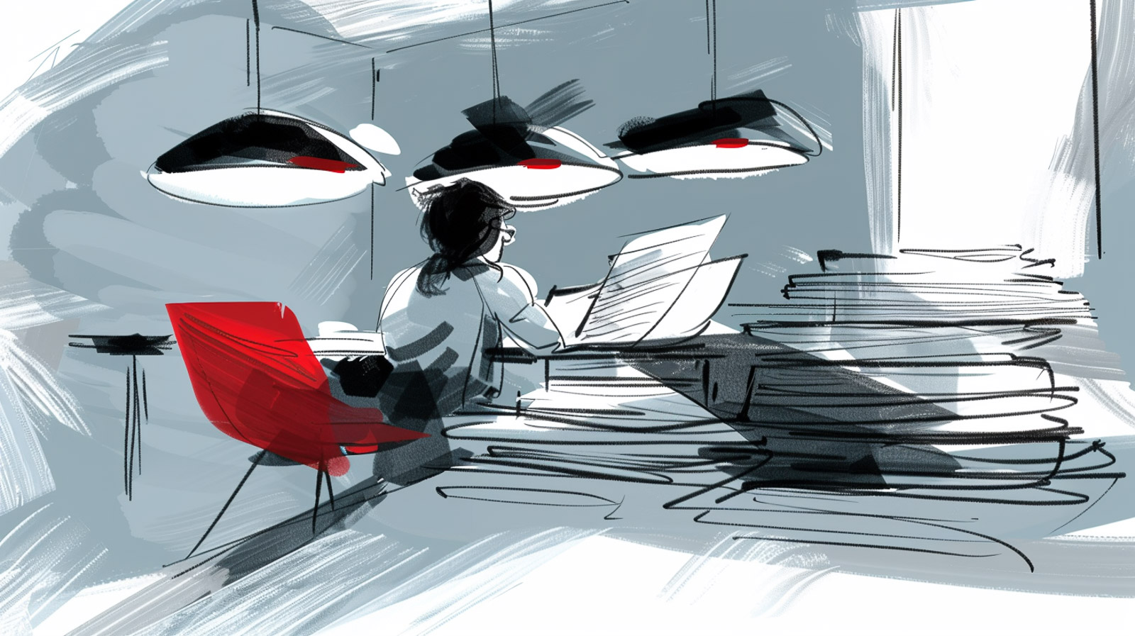 A figure slumped forward at a desk with a large stack of papers beside them