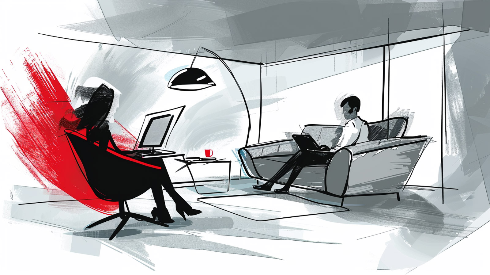 A figure looking between a notebook and a screen, finger pointed toward the screen