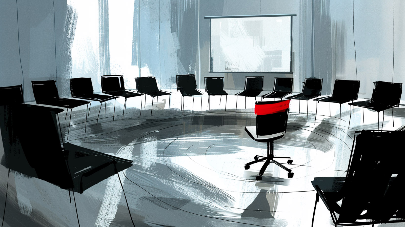 A figure standing at the head of a table while others look toward them