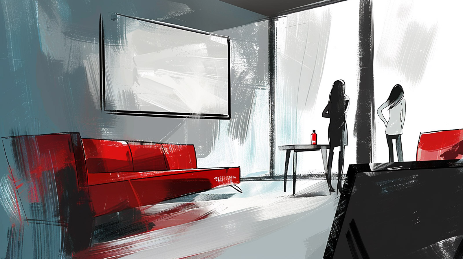 Two figures seated across from each other reviewing a document