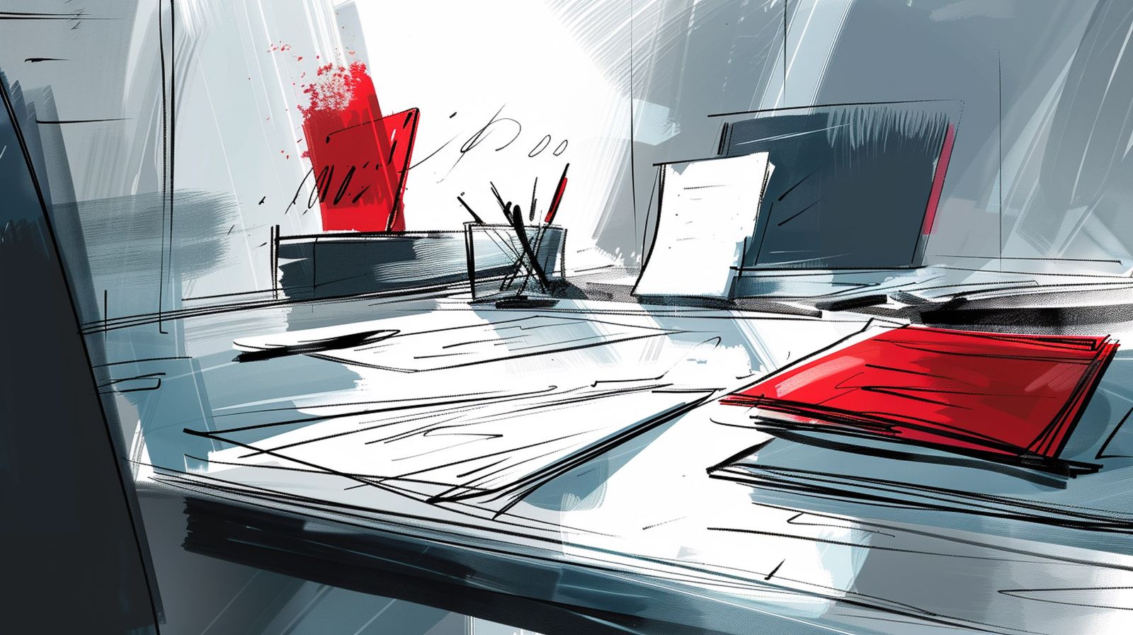 Illustrated editorial desk scene with scattered papers and a stack of red folders, evoking a practice's unresolved paperwork and pricing decisions.