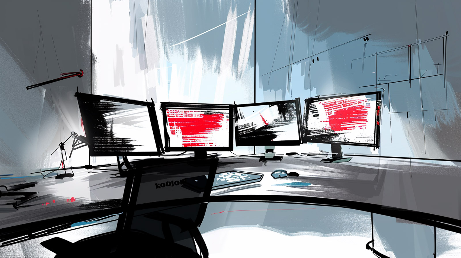 A figure leaning toward a monitor with multiple screens open, finger hovering over one