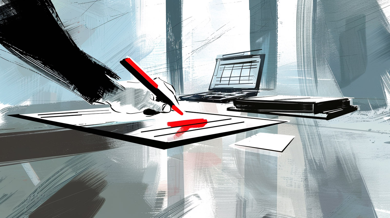 Two figures at a counter one handing a stack of papers to the other